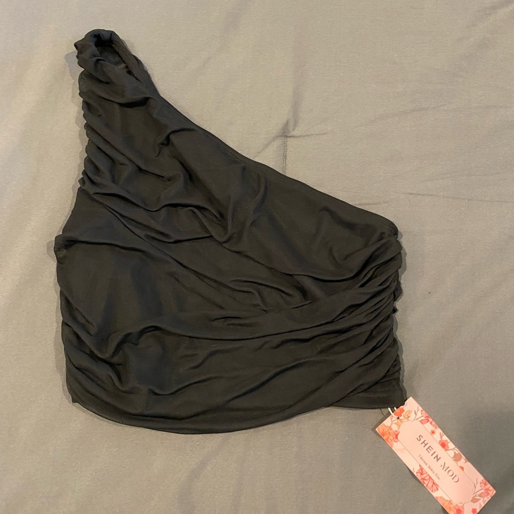 Never worn! Black ruched one sleeve crop top, size L